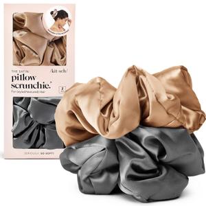 Kitsch Satin Scrunchies for Women - No Crease, Frizz Control | Softer Than Silk Scrunchies Gentle On Hair Scrunchies for All Hair Types | Stylish Hair Accessories - Charcoal & Gold, 2pcs