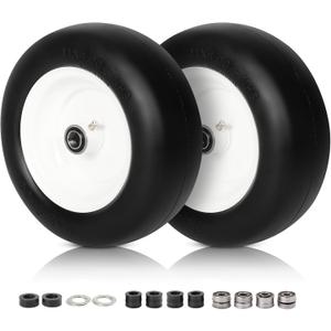 2 PCS 11x4.005" Lawn Mower Tires Flat Free,3/4" 5/8" 1/2" Bushing,3.4"4"4.5"5" Centered Hub,Universal Fit Smooth Tread Tire for Zero Turn Lawn Mowers, with Universal Adapter Kit (Gray Rim)