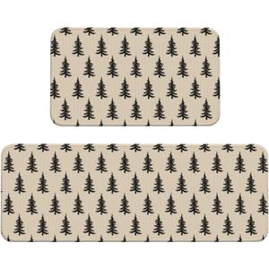 Aytipun Black Cream Christmas Kitchen Mats Set of 2 Xmas Tree Print Winter Holiday Kitchen Rugs for Floor Home Decor Low-Profile Mats,17x29 and 17x47 Inch