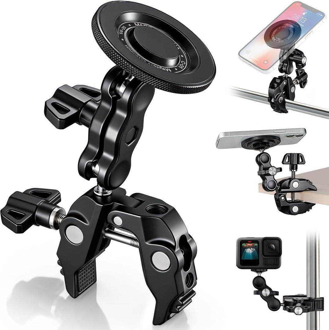 Facmogu Magnetic Phone Holder for Mic Stand, All-Metal 360 Rotatable Magnet Phone Mount with Clamp, Clip Phones Mount for Microphone & Music Stands, Compatible with Magsafe & iPhone 17/16/15/14/13/12
