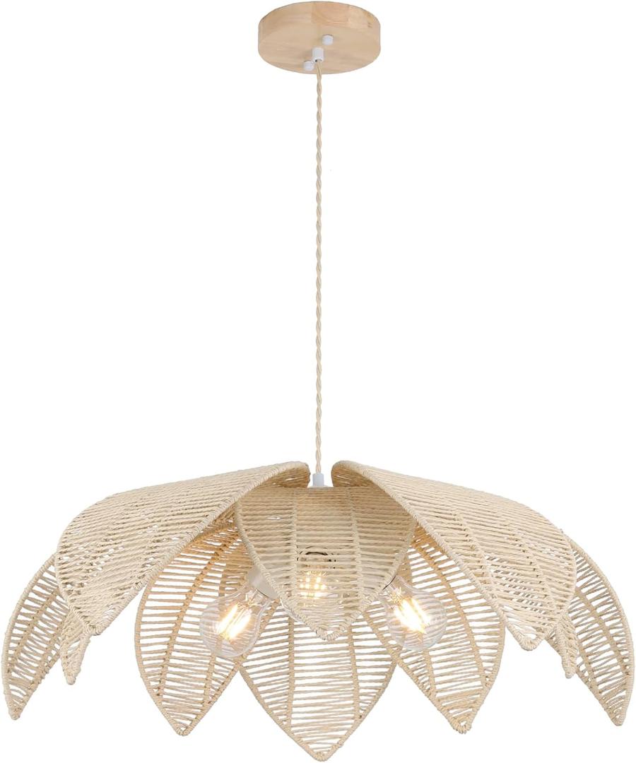 WYYSDWNE 24”Hand Woven White Rattan Chandelier, 3Lights Boho Light Fixture Adjustable Coastal Pendant Light for Kitchen Island Dining Living Room