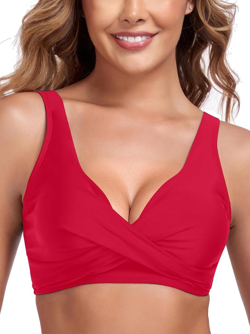 Ocean Blues Women's V-Neck Bikini Top Crisscross Front Bikini Top for Women Underwire Bathing Suit Top (Red, S)