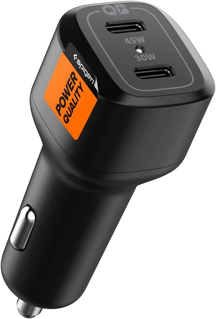 Spigen for USB C Car Charger, 75W Dual USB Super Fast Charge PD PPS 45W 30W Car Adapter Compatible with iPhone 17 16 15 Air, Galaxy S25 Ultra S25 Plus S25 S24, Pixel 10 Pixelsnap, MacBook Air/Pro
