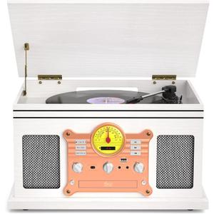 Vinyl Record Player and CD Player Cassette Combo, 10 in 1 Bluetooth Record Player with FM/AM Radio USB/TF Recording & AUX/RCA, Vintage 3-Speed Turntable for Home Decor, Gift Ready (White Wood)