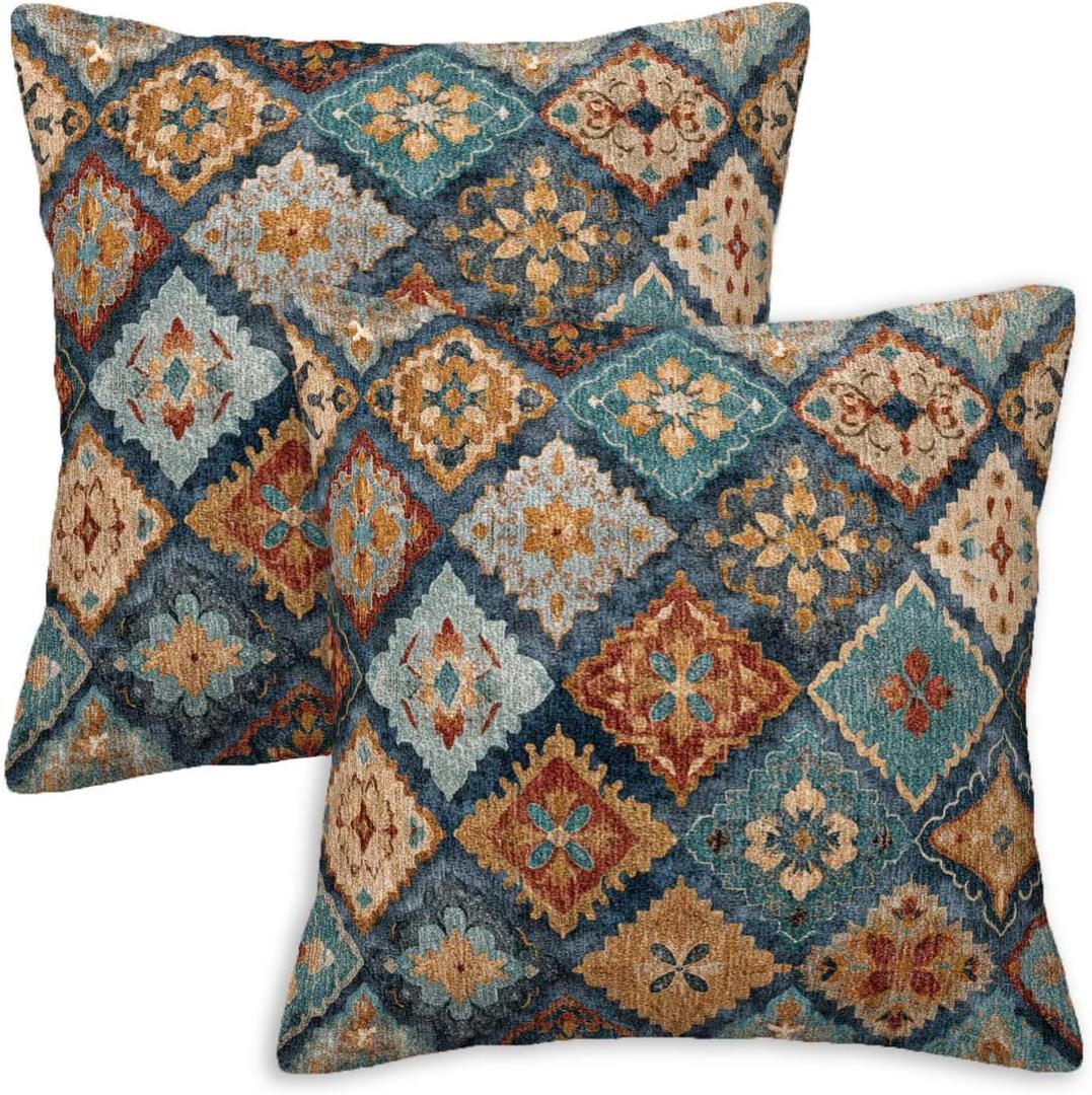 Moroccan Throw Pillow Covers 18x18 Set of 2 | Decorative Cushion Covers for Couch Sofa Bed | Farmhouse Home Decor Pillow Cases for Living Room Bedroom | Boho Accent Design