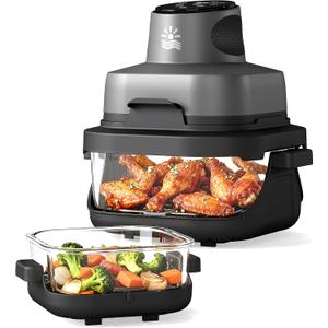 4-in-1 Portable Glass Air Fryer - 1500W, 400°F Precise Heat, 4.2QT & 1.6QT Dual Glass Containers and Lids, Non-Toxic, Max Crisp/Bake/Air Fry/Recrisp,Microwave, Freezer & Dishwasher Safe, Small