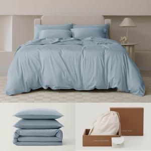 Double Stitch Cotton Tencel Duvet Cover - King Size Comforter Cover, Luxury & Soft Eucalyptus Lyocell Bedding Set for Hot Sleepers, Cooling & Breathable, Button Closure, Sterling Blue, 106"x90"