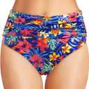 Tempt Me Women's High Waisted Bikini Bottom Tummy Control Ruched Bathing Suit Swim Bottom M (Blue Floral)