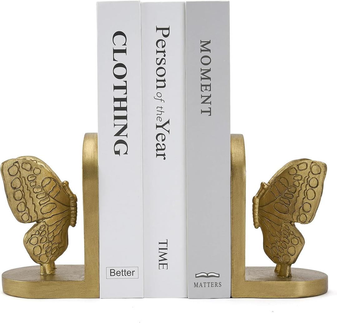 Gold Butterfly Book Ends for Shelves, Butterflies Statue Decorative Bookends for Heavy Books, Resin Book Ends with Non-Slip Felt Base for Home Farmhouse Shelves Office Lover Gift