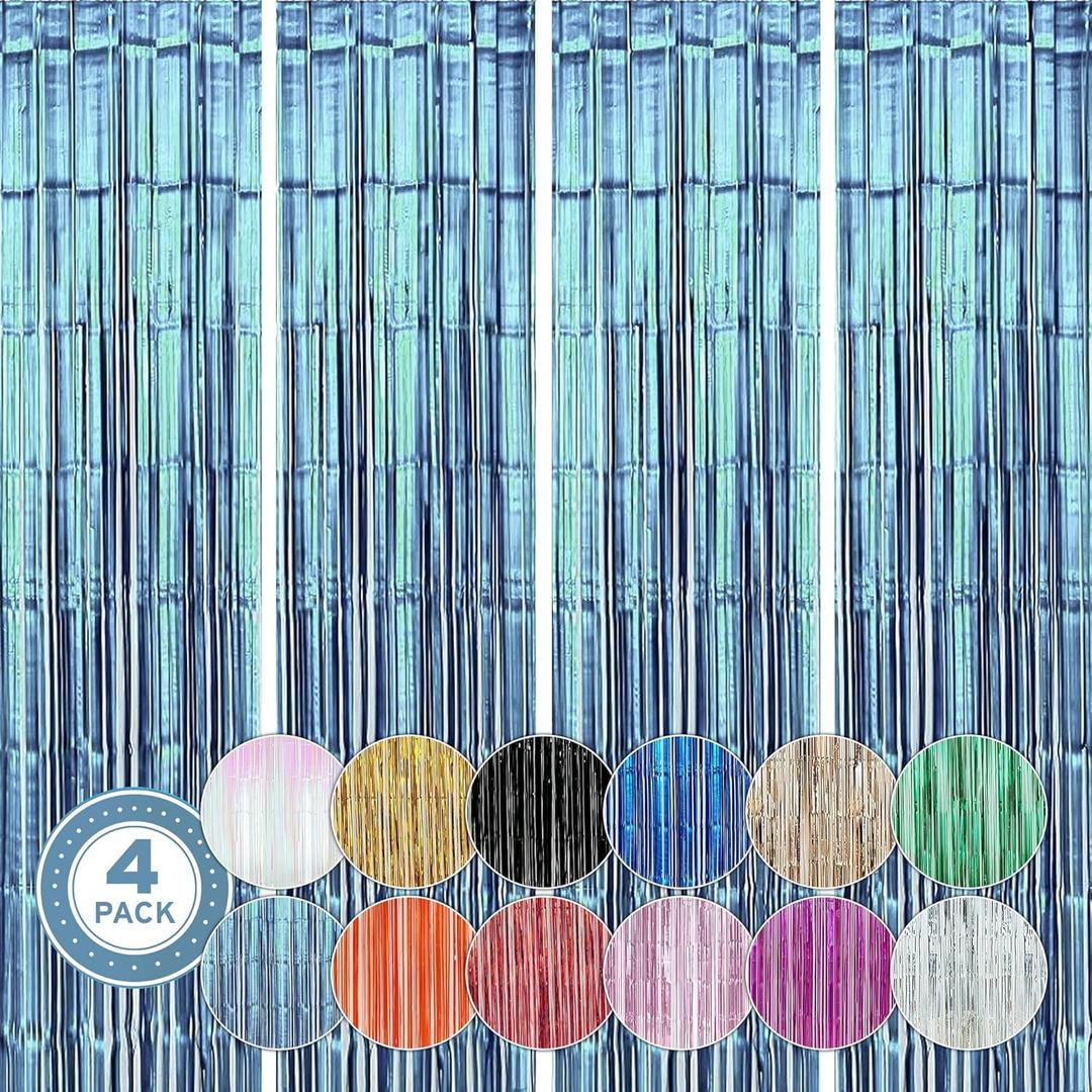 Twinkle Star 4 Pack Photo Booth Backdrop 3FT x 8FT Metallic Tinsel Foil Fringe Curtains Environmental Background Streamers for Birthday Wedding Party Christmas Decorations (Light Blue)