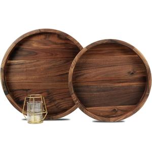 Set of 2 Large Round Black Walnut Wood Ottoman Tray 