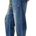 PLNOTME Womens Baggy Barrel Horseshoe Jeans Wide Leg Patchwork Low Rise Denim Pants with Pockets, Blue, 14