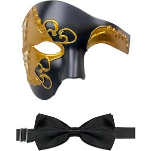 HyperFun Mens Masquerade Mask Phantom of The Opera Half Face Mask with Bowtie, Vintage Venetian Masks for Costume Party
