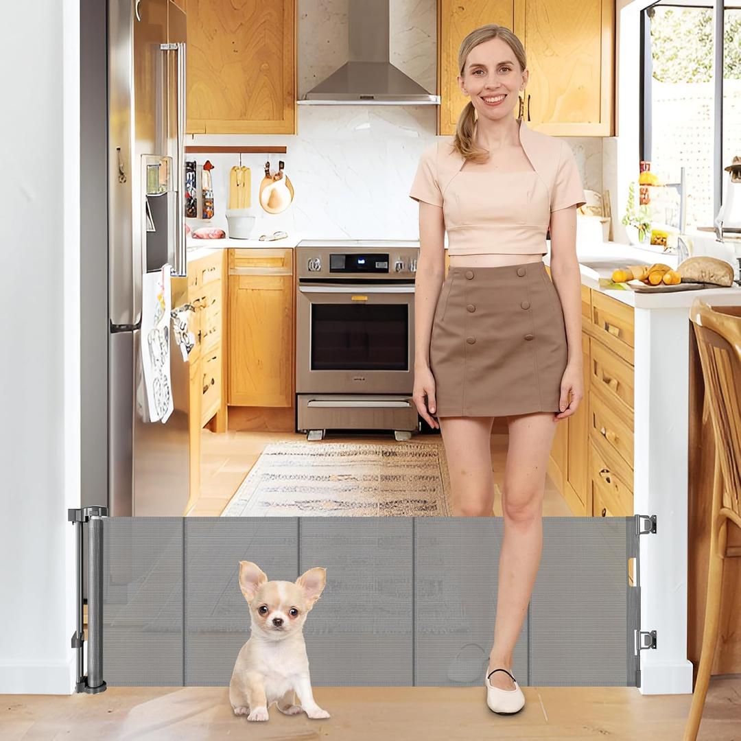 20 Inches Tall Retractable Short Dog Gate to Step Over, Short Pet Gates for The House, Extends up to 55" Wide, Small Dog Gate Indoor Puppy Gate Mesh Doggie Gates Low Dog Gate (Gray)