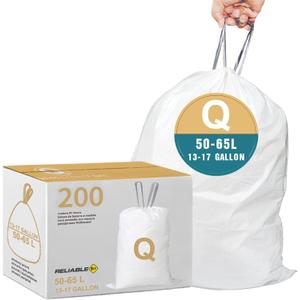 Code Q 200 Count Heavy Duty Trash Bags with Reinforced Drawstring for 13-17 Gallon/40-65 Liter | Reliable1st Compatible with simplehuman Code Q | Tear & Leak Resistant Garbage Liners