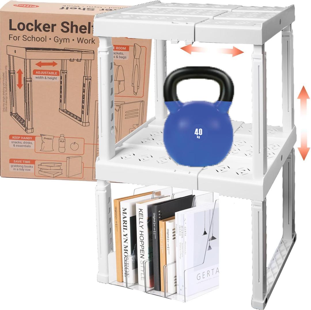 Piffny Locker Organizer Shelf Adjustable Width and Height, Stackable, Ideal Locker Shelf for School, Office, Gym Lockers, or Even Kitchen Cabinets & Under Sink Organization(White 2 Pack)