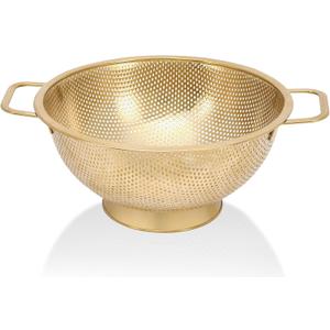 Gold Strainer for Kitchen, 3QT, Stainless Steel Colander with Handle for Fruits Vegetables Cooking Food, Dishwasher Safe