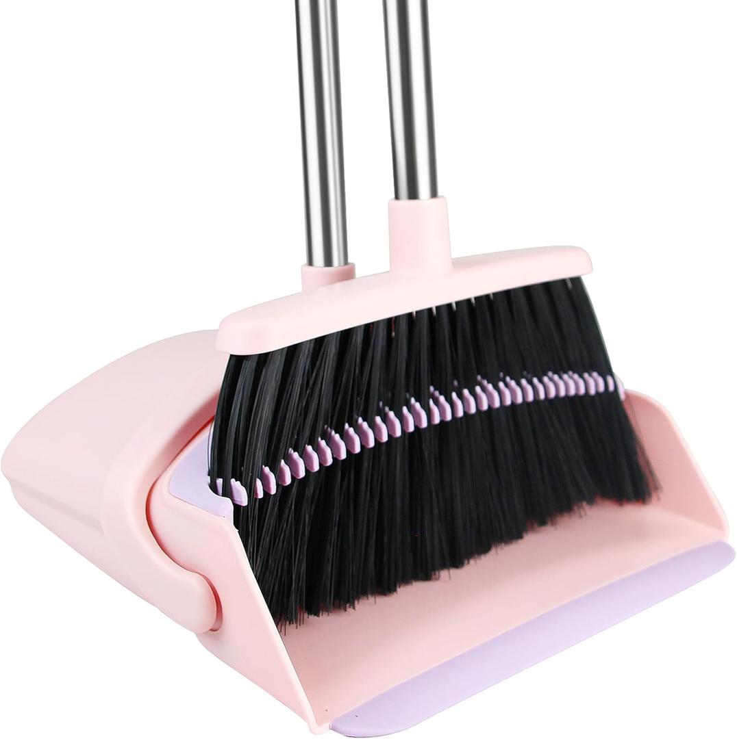 Broom with Dustpan Combo Set, 52-in Adjustable Handles Broom and Dustpan Set with Combo Teeth Easy to Scrape Off Pet Hair, Indoor&Outdoor Sweeping (Pink-purple)