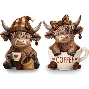 Wesiti 2 Pcs Coffee Highland Cow Figurines Decor, Coffee Cow Desk Decorations Gnomes Scottish Resin Statue Calf for Home Garden Kitchen Office Tiered Tray Table
