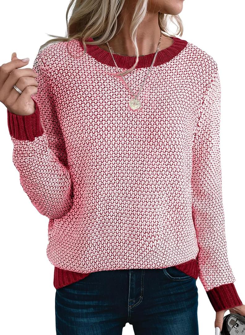 Sidefeel Women's Long Sleeve Pullover Sweaters Casual Crewneck Chunky Knit Color Block Jumper Tops (Large, Red Dahlia)