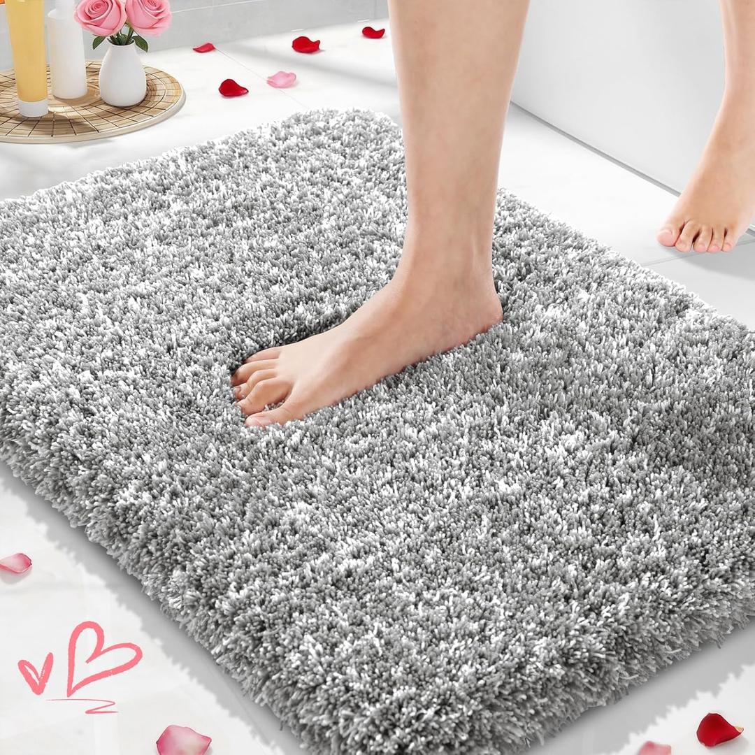 Yimobra Bathroom Rugs Non Slip Washable, Ultra Soft and Water Absorbent Bath Mats, Plush Fluffy Shower Mat Outside, Microfiber Thick Matts for Bathroom Floor/ Sink, 24x17, Light Gray and White