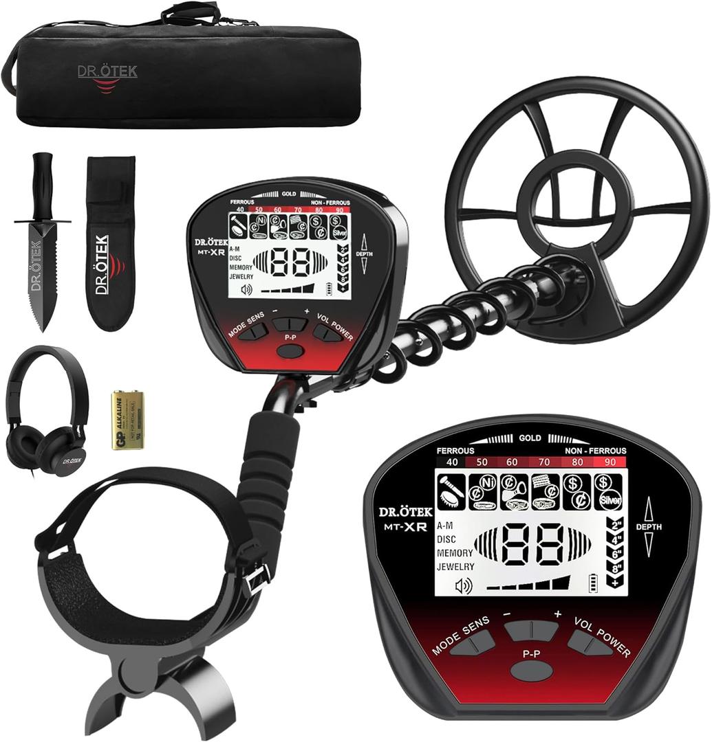 DR.TEK Metal Detector for Adults Professional, Pinpoint Metal Detector Waterproof Gold and Silver, Higher Accuracy, Bigger LCD Display, Strong Memory Mode, 10" IP68 Coil, New Advanced DSP Chip (Red)