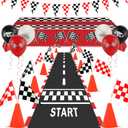 Race Car Party Decorations, Checkered Flag Party Supplies-12 Traffic Cones and 24 Racing Checkered Flags, 6.5Ft Racetrack Floor Runner and 9.8ft Banner, Tablecloth, Balloons and Ribbons