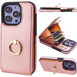 Folosu Compatible with iPhone 14 Pro Case Wallet with Card Holder, 360Rotation Finger Ring Holder Kickstand, RFID Blocking Leather Protective Double Buttons Shockproof Cover 6.1 Inch Rose Gold