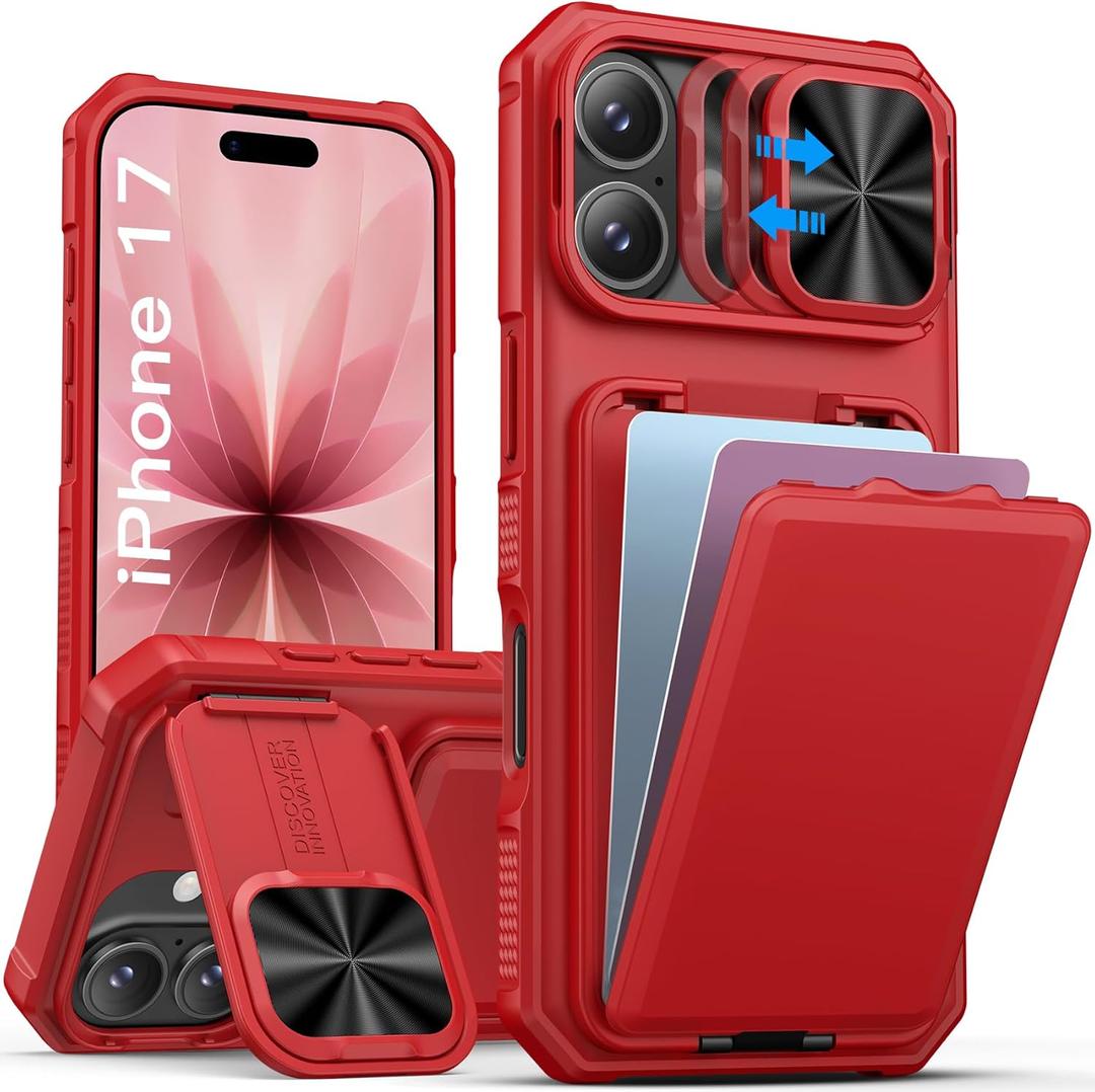 SSLOTSCASE for iPhone 17 Case with Credit Card Holder & Stand & Slide Lens Cover & Kickstand, Multi-Functional Wallet TPU Soft Silicone Edge Protective Phone Case Cover for iPhone 17 6.3'' 2025, Red