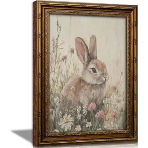 Vintage Gold Framed Bunny Wall Art, Spring Rabbit and Wildflowers Cottagecore Painting Canvas Print, Country Animal Picture Wall Decor, Rustic Farmhouse Floral Poster Artwork for Living Room Bedroom, 24"L x 16"W