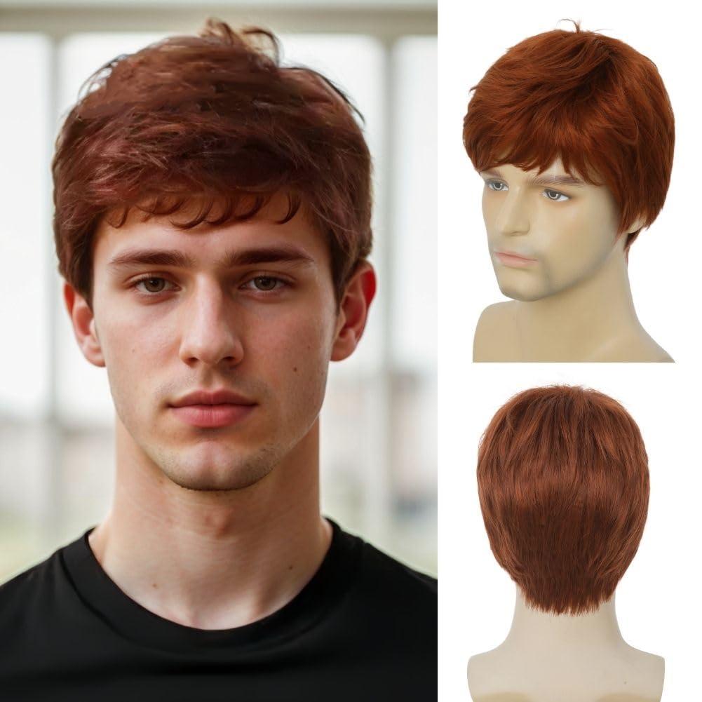 Mens Short Orange Wig Natural Realistic Synthetic Wig for Halloween Daily Use