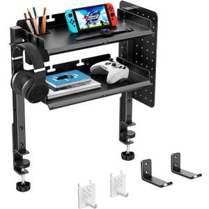 2-Tier Steel Clamp On Desk Shelf, Adjustable 16 inch Desk Storage Shelves with Pegboard and Pencil Holder,Above or Under Heavy Duty Desktop Organizer with Headphone Holder for Desk Accessories (Black)