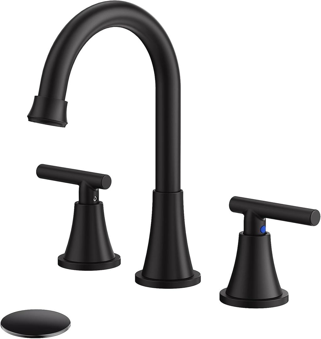 Bathroom Faucets for Sink 3 Hole, Hurran Matte Black Bathroom Sink Faucet with Pop-up Drain and Supply Lines, Stainless Steel Lead-Free Widespread Faucet for Vanity RV Farmhouse Sink (8 Inch)