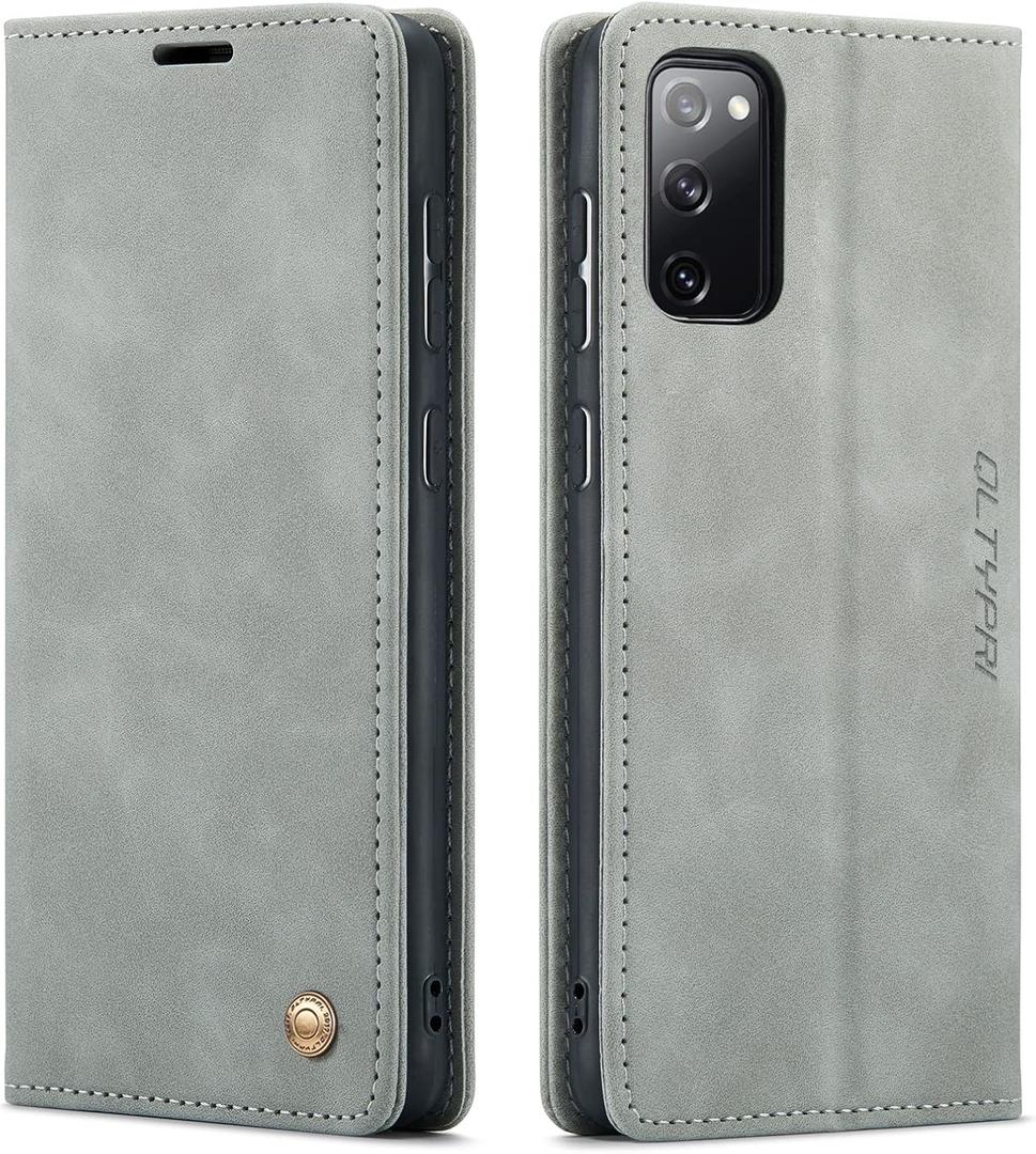 QLTYPRI Case for Samsung Galaxy S20 FE 5G, Vintage PU Leather Wallet Case Card Slot Kickstand Magnetic Closure Shockproof Flip Folio Cover for Samsung Galaxy S20 FE 5G - Grey