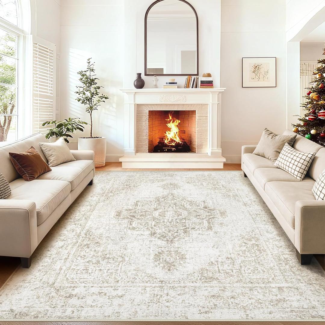 9x12 Area Rugs for Living Room, Washable Vintage Boho Medallion Rug Non Slip Low Pile Floor Carpet for Bedroom Dining Room Home Office (Beige, 9'x12')