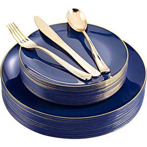 YOUBET 125PCS Blue Plastic Plates - Blue and Gold Plates - Navy Blue Disposable Plates With Gold Rim Include 25 Dinner Plate, 25 Dessert Plate, 75 Golden Silverware Cutlery for Party & Wedding