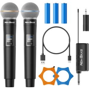 Wireless Microphone, Rechargeable Dual Cordless Handheld Dynamic Wireless Mics,NEWBAXS Karaoke Microphones with 1/4'' Output for Karaoke, Meeting, Singing, Church, Wedding