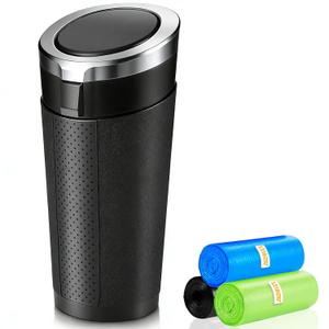 Car Trash Can Bin with Lid, Leakproof Garbage Can for Vehicle, Mini Trash Bin with 90 Attached Trash Bags, Easy to Clean Cup Holder Trash Can for Car, Home, Office (Black&Silver 1)