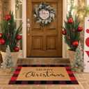 Duraaamo 2 Pcs Christmas Doormat Merry Christ Non Slip Outdoor Rug Xmas Welcome Layered Buffalo Floor Mats for Front Porch Entryway(Red Black,Plaid)