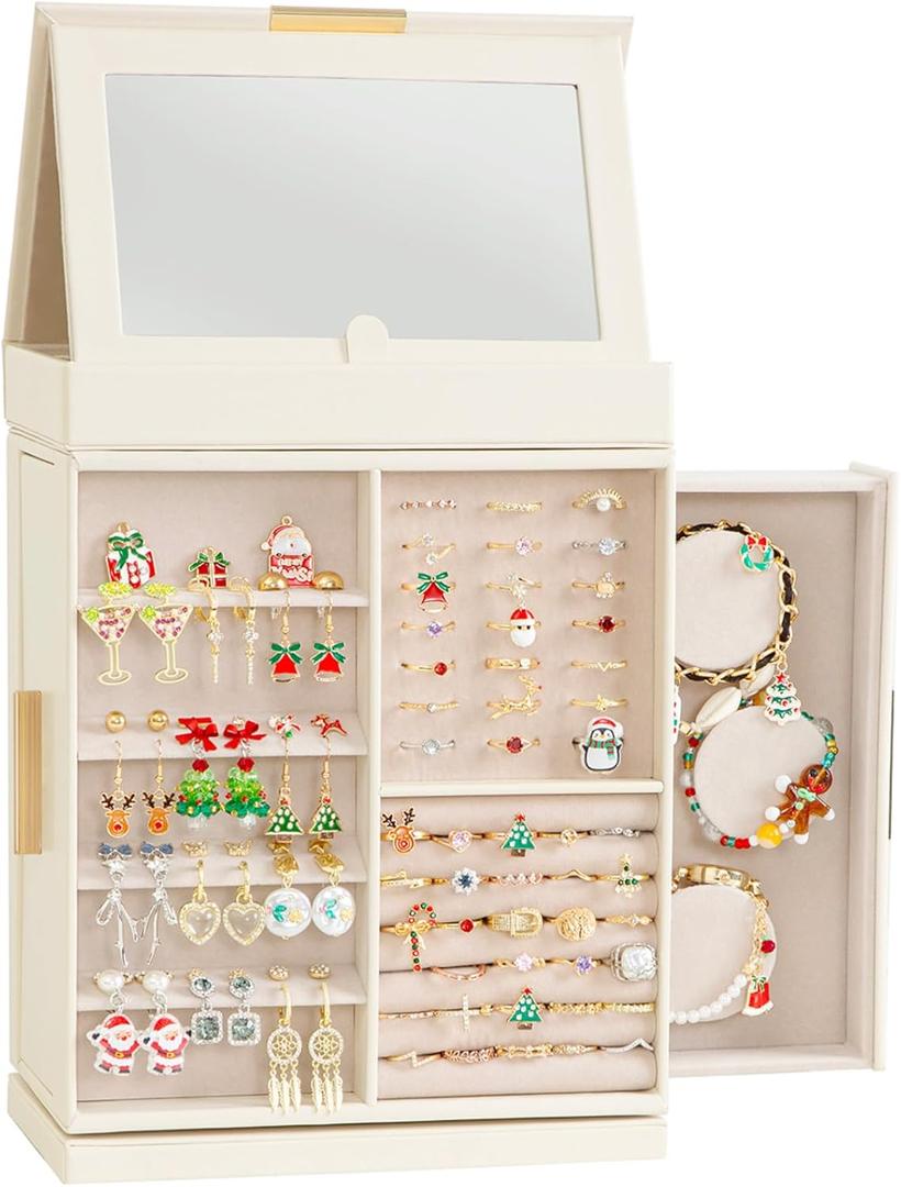 Lifewit 360 Rotating Jewelry Box, Top Magnetic Box wth Mirror, 2 Sides Plus 2 Large Drawers, Jewelry Organizer and Storage Case for Ring Necklace Earring Bracelet, Gift Idea, Creamy White