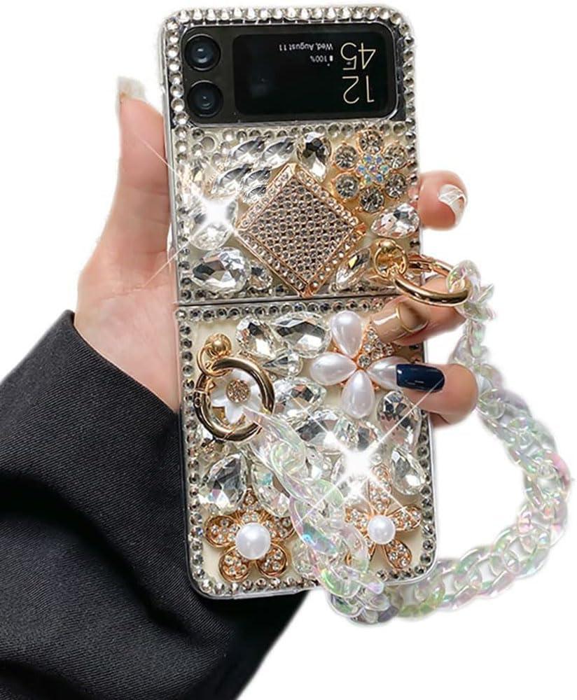 Case for Samsung Galaxy Z Flip 3 with Lanyard,Luxury Bling Diamond Rhinestone Gemstone 3D Perfume Bottle and Flower Gemstone Cover Case for Women Girls with Galaxy Z Flip 3 5G (2021) (Clear)