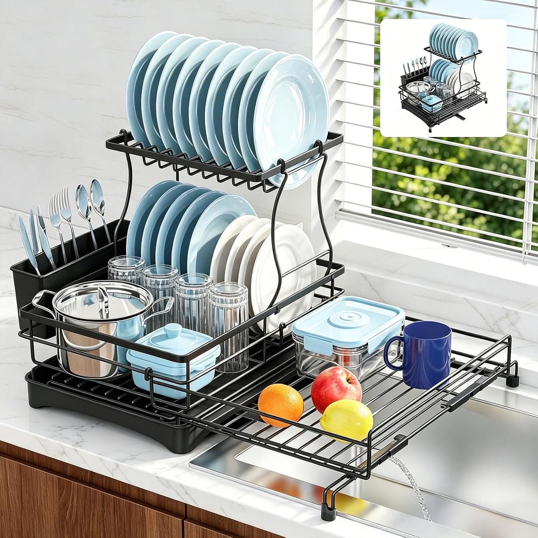 2 Tier Dish Drying Rack, Large Extendable Dish Racks for Kitchen Counter , Dishrack with Drainboard, 2-in-1 Anti-Rust Stainless Steel Dish Drainer with Utensil Holder (Black, double of Dish Rack), double-tier dish rack 16.7"w X14.8"H 12.8"-20.8"