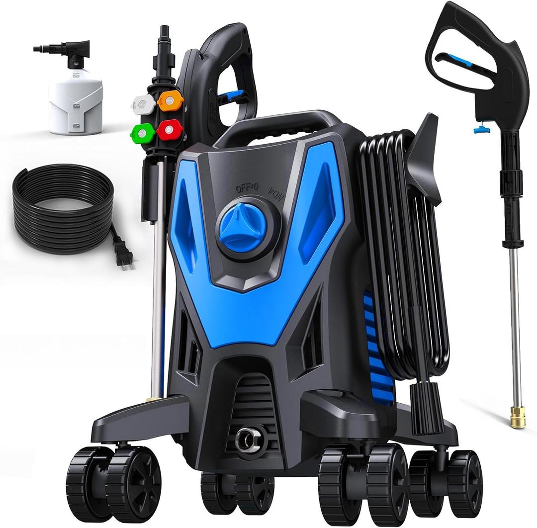 2025 Upgraded Electric Pressure Washer - 4500 PSI 3.0 GPM Power Washer with 35FT Cord, 20FT Hose, 4 Anti-Tipping Lockable Wheels, 4 Nozzles and Foam Cannon for Cars, Garage, Driveway