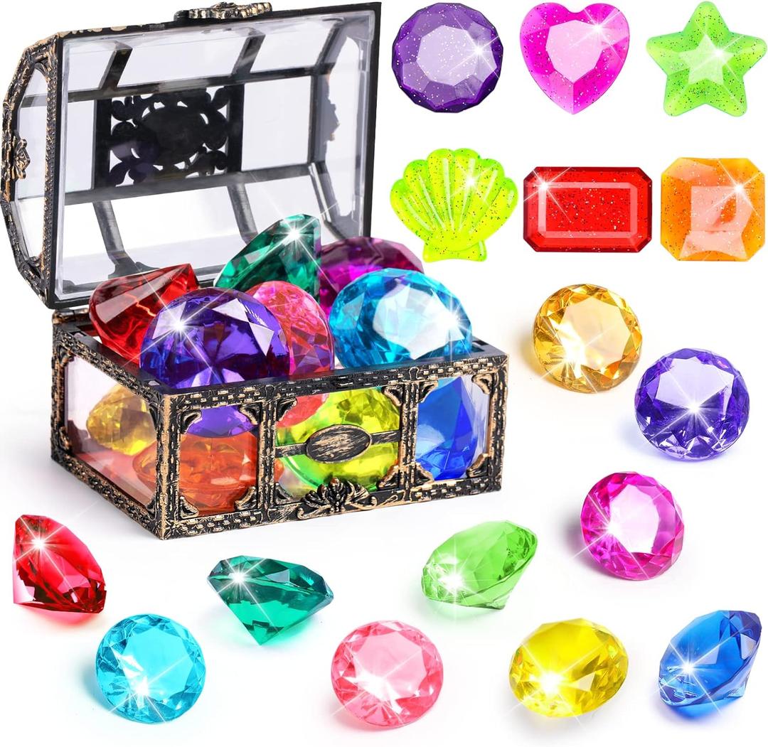 DISHIO Diving Gem Pool Toys 16PCS Large Swimming Pool Toy Set with Pirate Treasure Box Chest for Kids Toddlers Underwater Sinking Dive Gems Colorful Diamond Diving Toys for Swimming Training