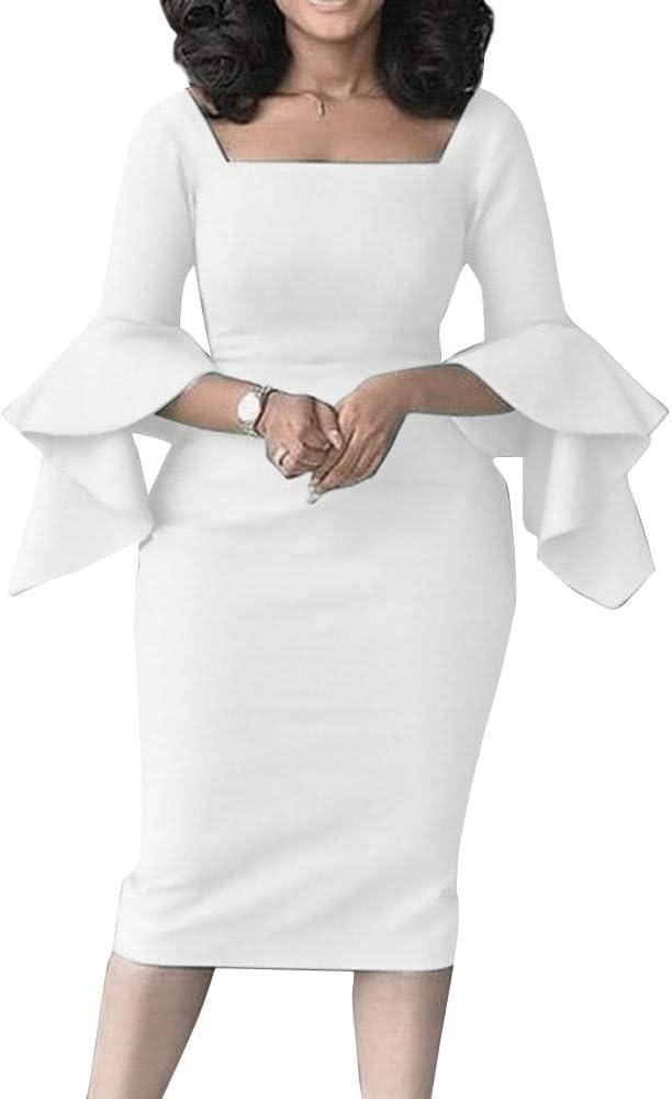 Cololura Women Three-Quarter Sleeve Flared Mid-Calf Elegant High Waist Formal Bodycon Midi Dress, XXLarge
