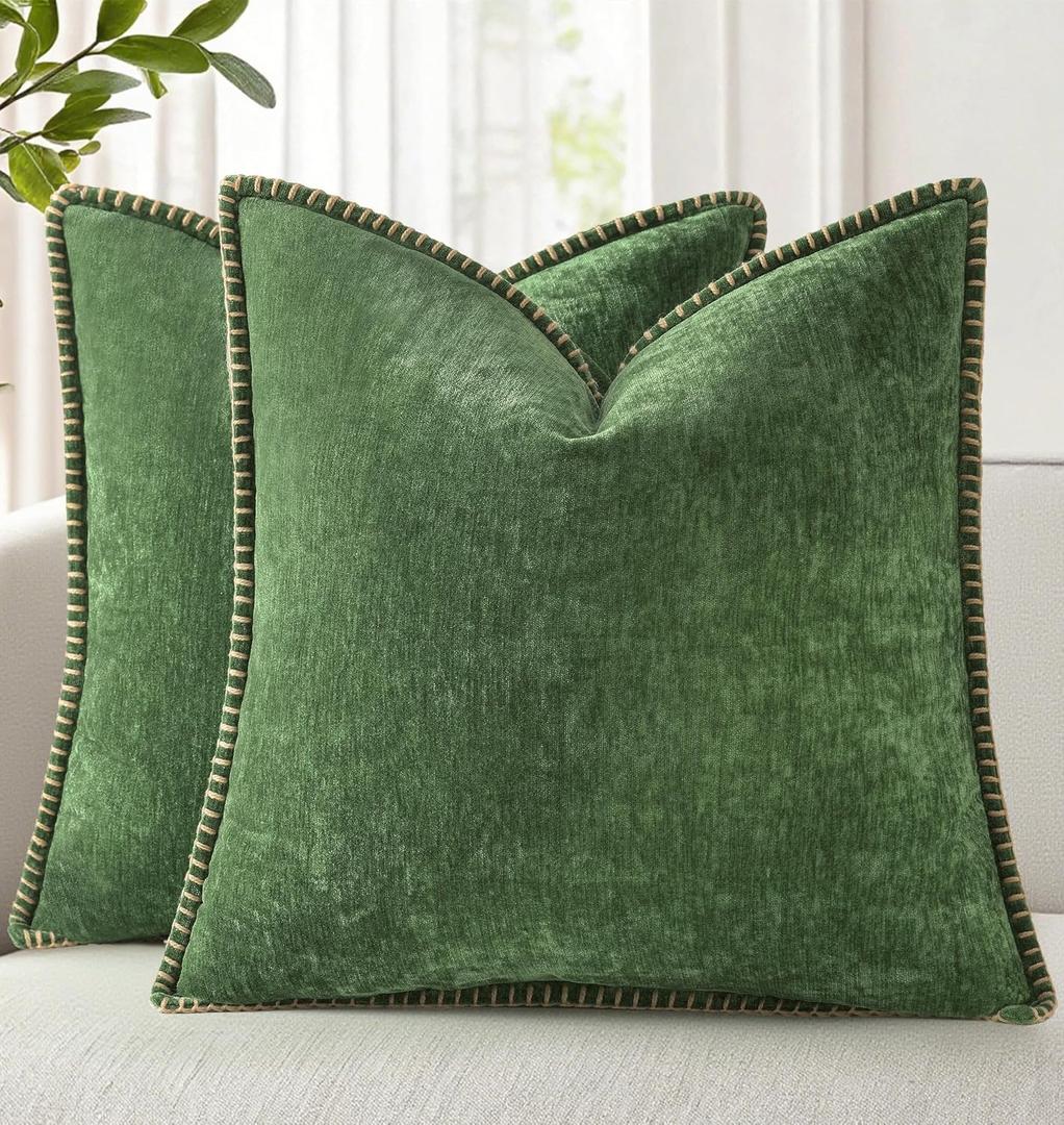 decorUhome Chenille Soft Cozy Throw Pillow Covers 22x22 Set of 2, Modern Farmhouse Boho Velvet Decorative Euro Sham Pillow Cases with Stitched Edge for Couch Sofa Bed Home Decor, Forest Green