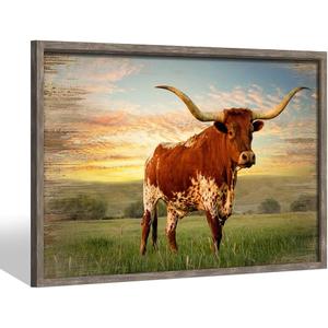 Farmhouse Longhorn Pictures Wall Decor: Framed Rustic Cow Animal Painting Art Wooden Sunset Farm Print Western Texas Bull Artwork for Bedroom Office Living Room