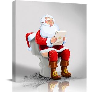 Christmas Canvas Wall Art Funny Santa Claus Sitting on Toilet,Oil Painting Prints Artworks Picture Stretched and Framed, Watercolor Red Clothe Xmas Wall Decor for Living Room/Bedroom/Kitchen/Bathroom