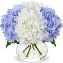 Hollyone Hydrangea Artificial Flowers with Vase White & Blue Silk Fake Flowers Arrangements in Glass Vase with Faux Water Faux Floral Bulk Bouquet Bathroom Table Centerpiece Shelf Home Decor (Hydrangea, White & Blue)