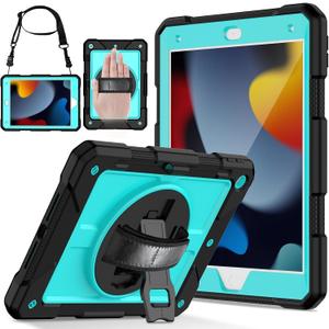 LTROP Case for iPad 9th/ 8th/ 7th Generation (2021/2020/2019), Shockproof 10.2 iPad Cover with Shoulder Strap Pen Holder Swivel Stand, Light Blue/Black